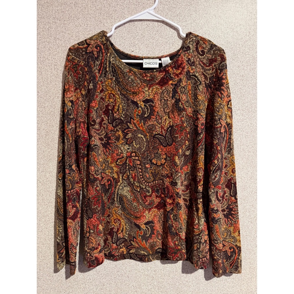 Chicos Womens Size 2 Paisley Long Sleeve Scoop Neck Top Rust Gold Multi Knit